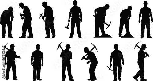 Silhouette of construction workers with pickaxe, working on site, mining, digging, labor force, industrial job, safety helmet, manual labor, teamwork