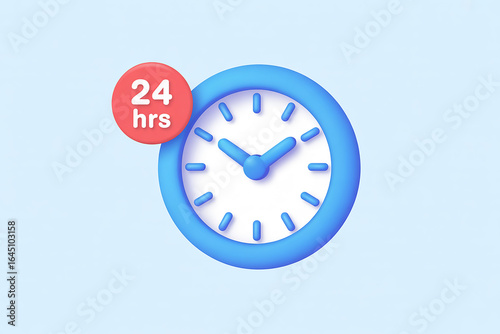 3d blue clock icon with 24 hour service notification