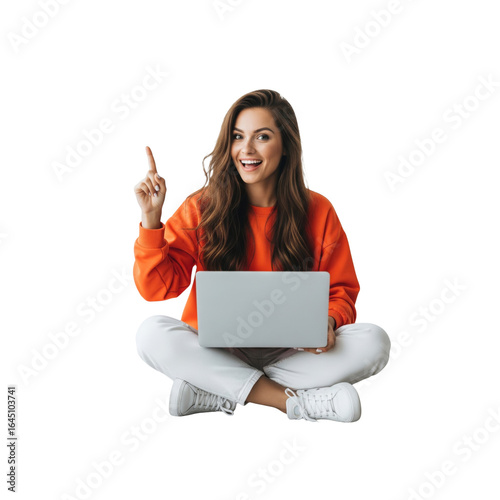 Happy woman with a sudden idea and laptop isolated on a transparent background

