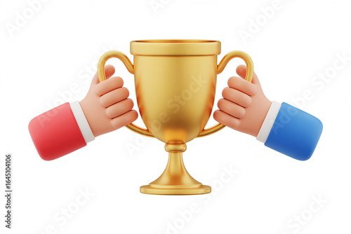 Two hands competing to hold a golden victory trophy
