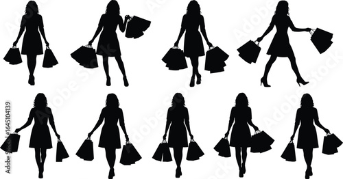 Silhouette of fashionable woman holding shopping bags, walking stylishly, black dress, high heels, isolated white background, retail, lifestyle, fashion concept