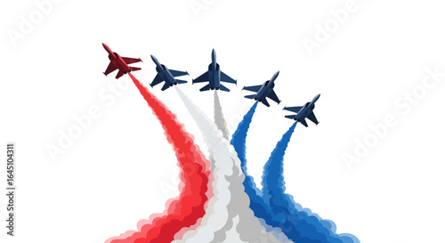 Vibrant and powerful aerial spectacle featuring a team of elite jet planes performing intricate maneuvers, symbolizing freedom, precision, and national pride with dynamic smoke trails.