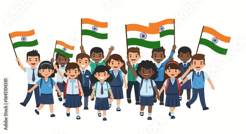 Diverse group of students proudly waving the Indian flag