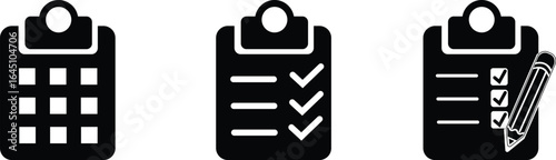 Set of black clipboard icons with various checklist and planning representations, including grid, checkmarks, and a pencil, isolated on transparent background