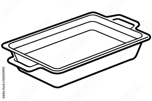 Black and white illustration portrays a rectangle casserole dish with handles on white