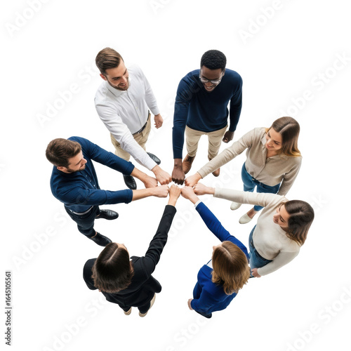 Diverse young adults in business casual/casual wear, hands stacked in a unified fist bump, shot top-down on a pristine, shadowless transparent studio background with copy space, concept of synergy and