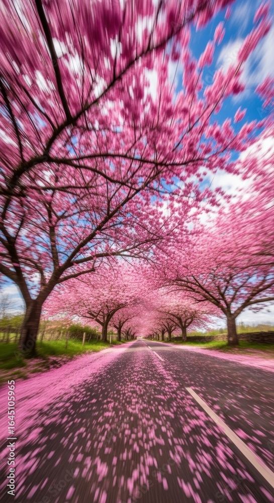 Obraz premium Pink Blossom Tunnel Road: A Serene Spring Drive