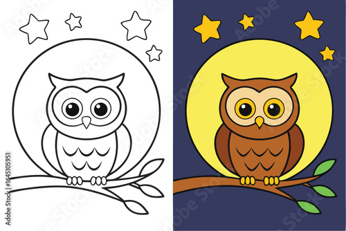 Cartoon owl sitting on a branch under a yellow moon and stars