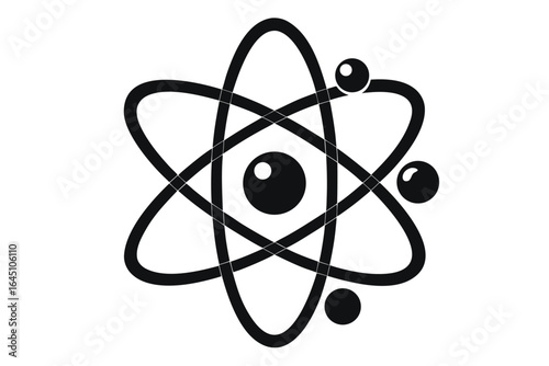 An atom structure exhibits swirling orbits and central nucleus against a pure backdrop