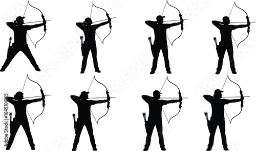 Silhouette of male archer aiming with bow and arrow, archery sport, precision shooting, competitive training, isolated white background, hunting, target practice