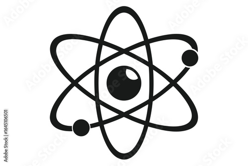 A black scientific symbol depicts a molecule with electrons on a white background