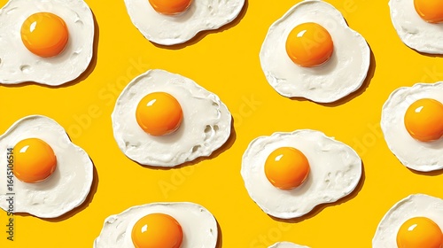 Bright yellow background with multiple fried eggs