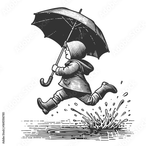 young child in raincoat and boots holding an umbrella while joyfully splashing in a puddle sketch engraving generative ai fictional character vector illustration. Scratch board. Black and white image.