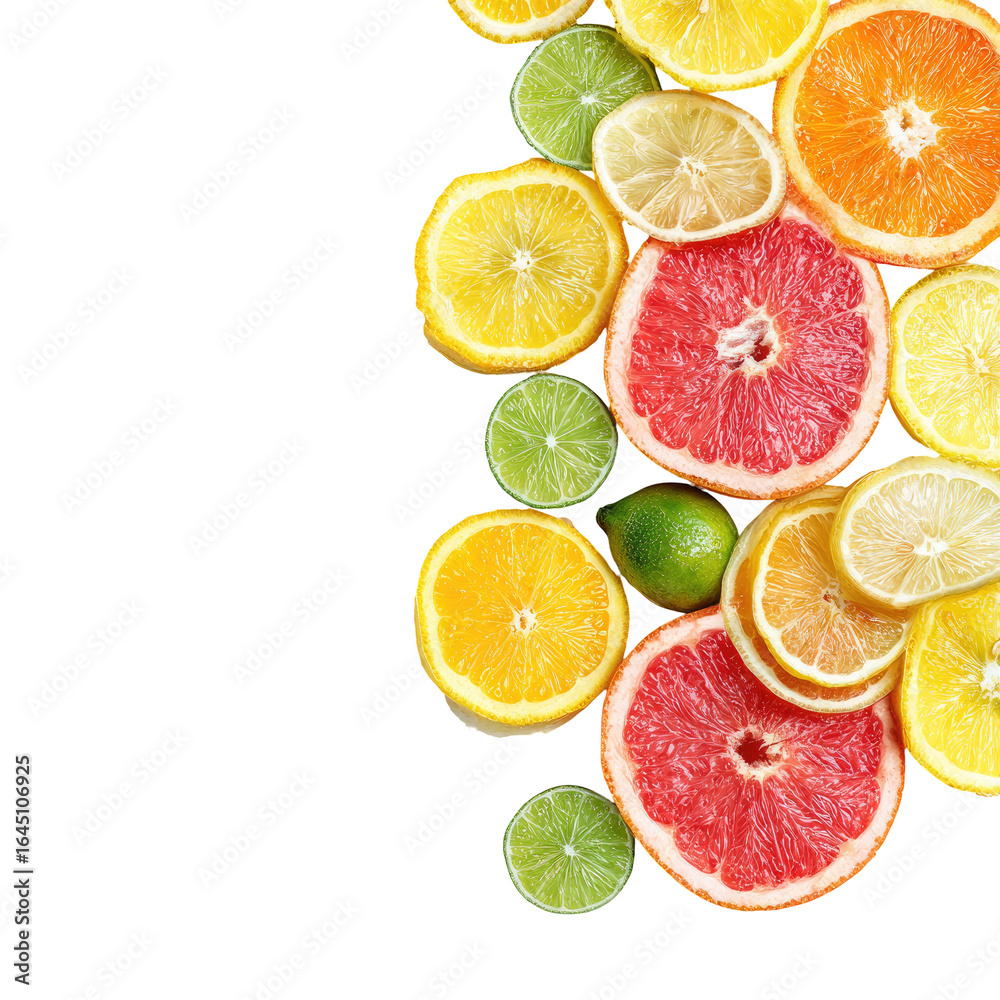 Fototapeta premium Colorful citrus fruit slices on black background, food photography, healthy eating