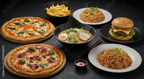 Assorted Cuisine Variety Pizza Burger Noodles Ramen and Fries on Dark Background