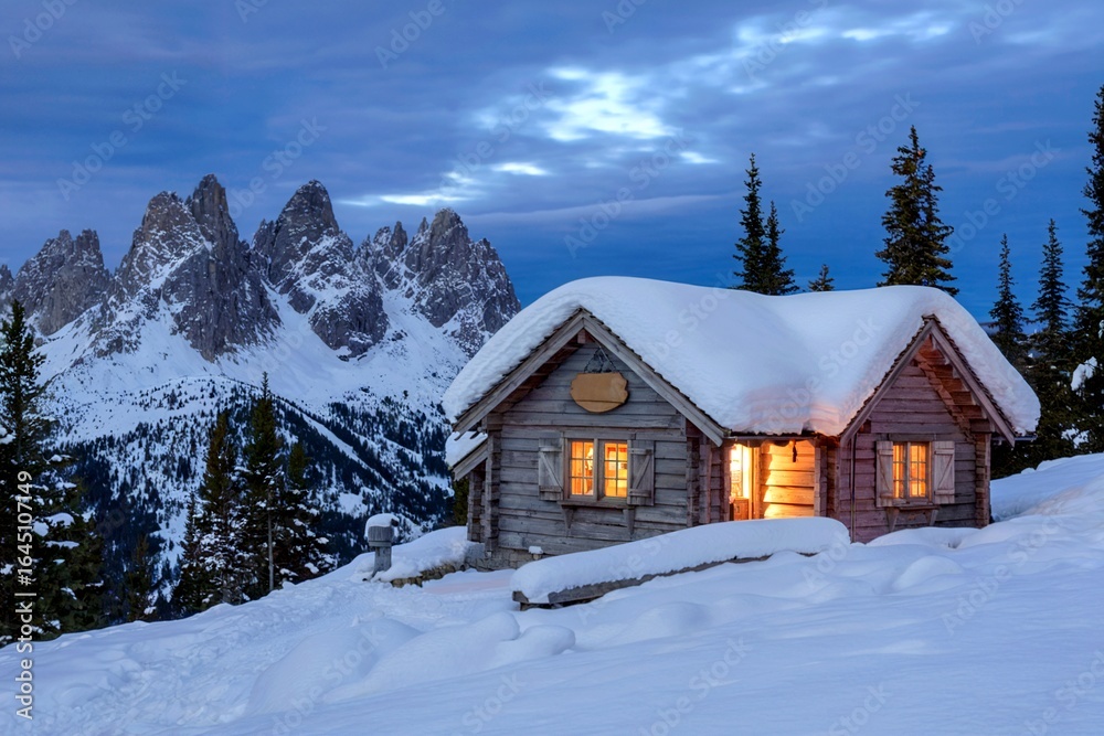 Fototapeta premium Cozy Mountain Cabin in Snowy Landscape at Dusk with Warm Lights