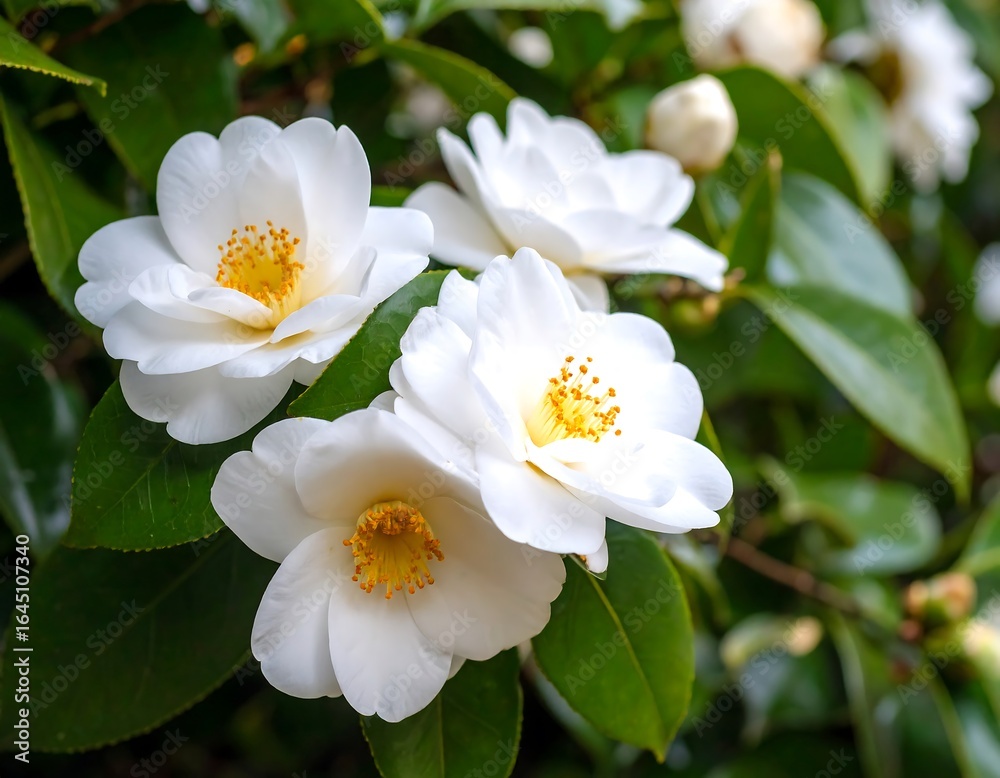 Obraz premium Close-up of three white camellia blossoms
