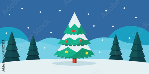 snowy forest clearing with decorated christmas tre