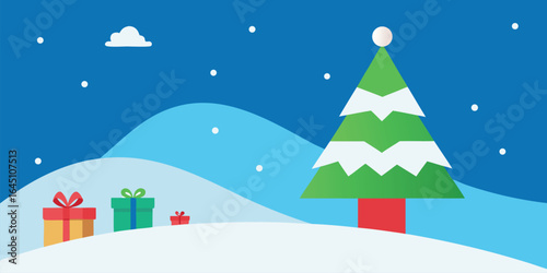 snowy hillside with christmas tree and gifts vector background