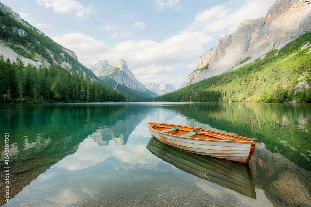 Obraz premium Serene Mountain Lake with Rowboat Reflecting Surrounding Peaks and Forests