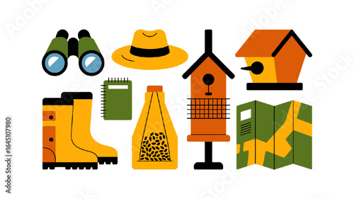 Birdwatching gear and supplies isolated on white background