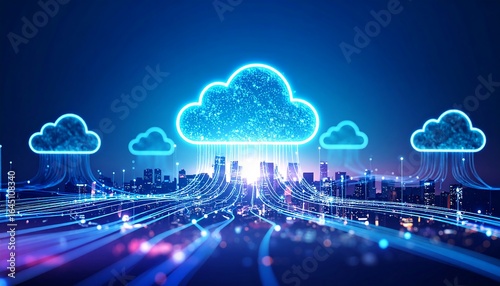 Glowing Cloud Computing Network Above Cityscape at Night