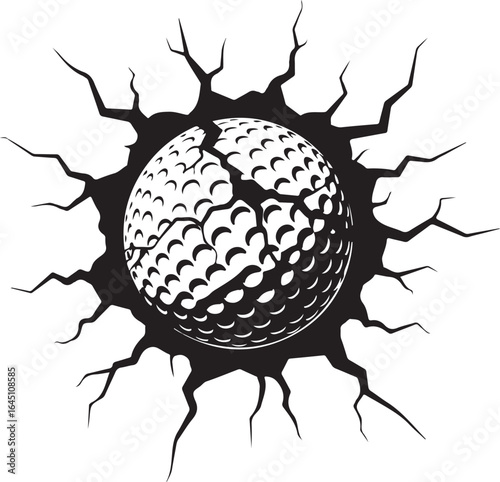 Golf ball smashing through a wall in black and white