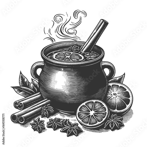 hot mulled wine in a cup with citrus slice, cinnamon sticks, and aromatic spices for winter warmth sketch engraving generative ai vector illustration. Scratch board imitation. Black and white image.