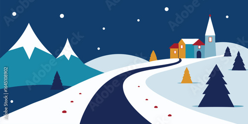 snowy road leading to decorated village vector background