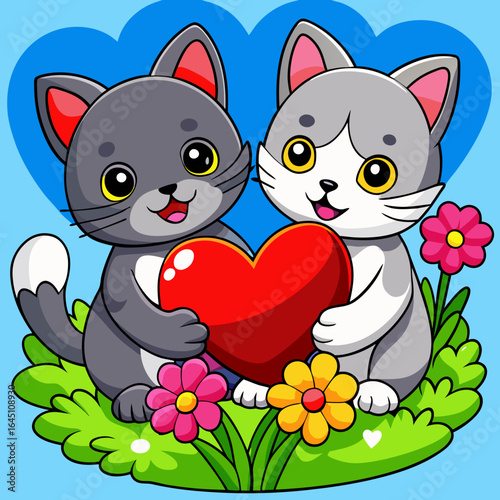Two adorable cute cat holding a red heart, sitting on a grassy field with flowers around, in a watercolor style