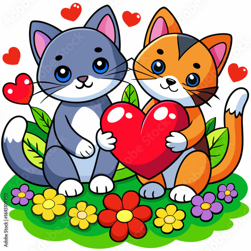 Two adorable cute cat holding a red heart, sitting on a grassy field with flowers around, in a watercolor style