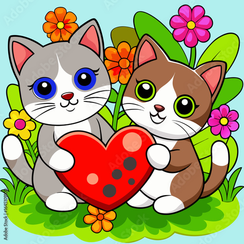 Two adorable cute cat holding a red heart, sitting on a grassy field with flowers around, in a watercolor style