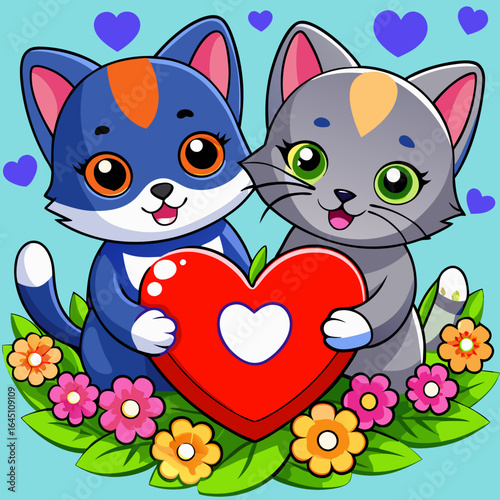 Two adorable cute cat holding a red heart, sitting on a grassy field with flowers around, in a watercolor style