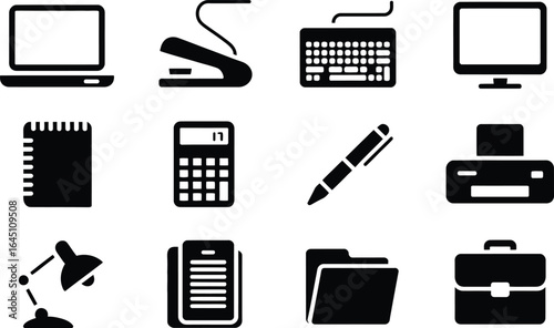 Black icons of office and technology equipment computer