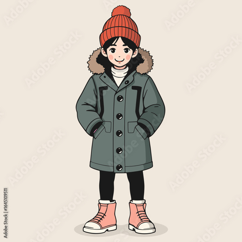 Smiling boy in gray winter jacket with hood and red pom-pom