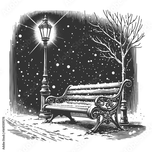 snow-covered park bench under a glowing lamppost on a winter night with falling snow sketch engraving generative ai vector illustration. Scratch board imitation. Black and white image.