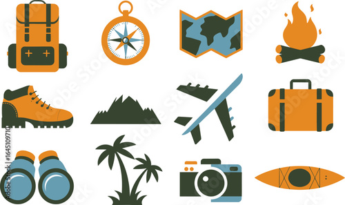 Travel and Adventure Icons Collection backpack compass