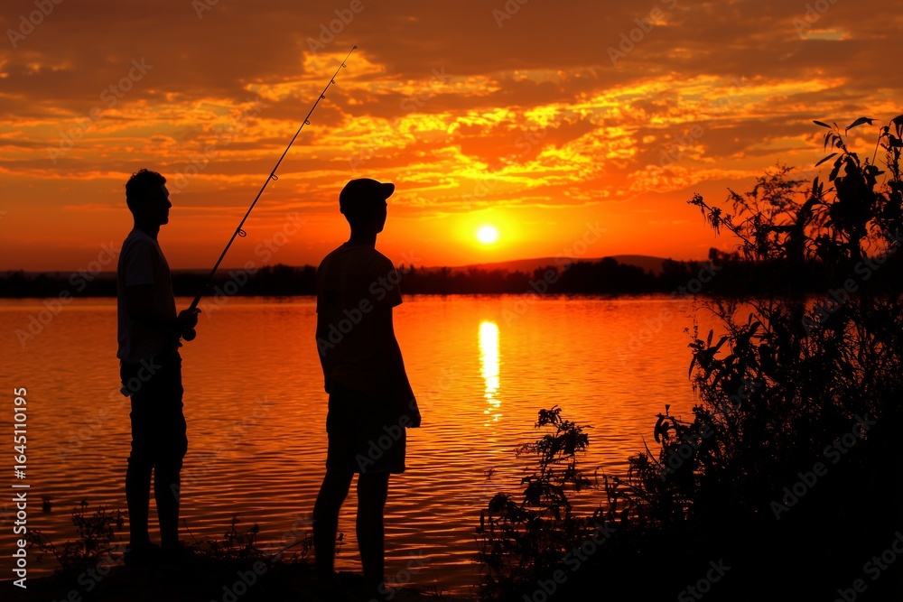 Fototapeta premium Two men fishing at lakeside during sunset, Silhouettes in warm light with dramatic orange sky