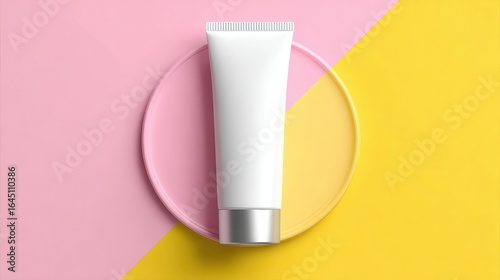 Wallpaper Mural A 4K photo of White tube mockup for cosmetic cream branding on pink and yellow background for product presentation Torontodigital.ca