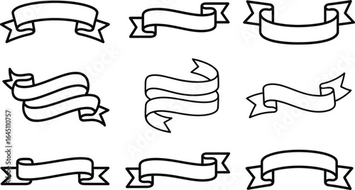 Nine simple black and white ribbon banners label scroll