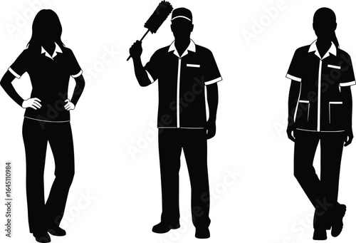 Silhouette of professional cleaning staff in uniform, janitor holding feather duster, standing workers, housekeeping service team, maintenance crew illustration, black white design
