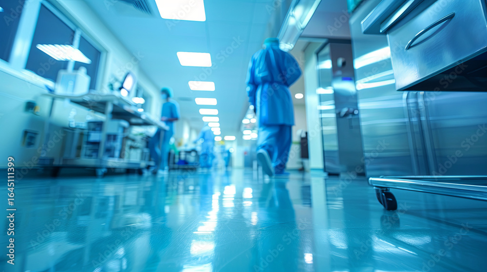 Fototapeta premium Medical team hurrying through hospital hallway, displaying urgent movement and high-stress dynamics of medical professional working environment