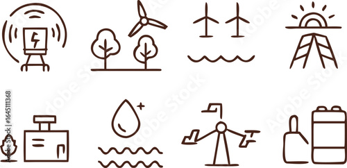 Set of Outline Icons for Renewable Energy and Sustainable Technology electricity power