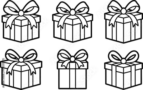 Six simple outline gift boxes with bows present package