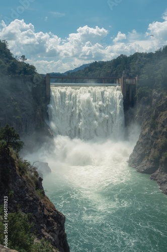 Majestic Hydroelectric Dam Unleashing Powerful Water Flow in Scenic Mountain Landscape Under a Blue Sky with Clouds