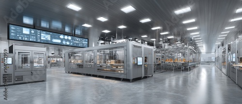 High-tech food processing facility with advanced machinery and AI monitoring dashboard, showcasing smart manufacturing, hygiene, and efficiency in modern automated factory operations