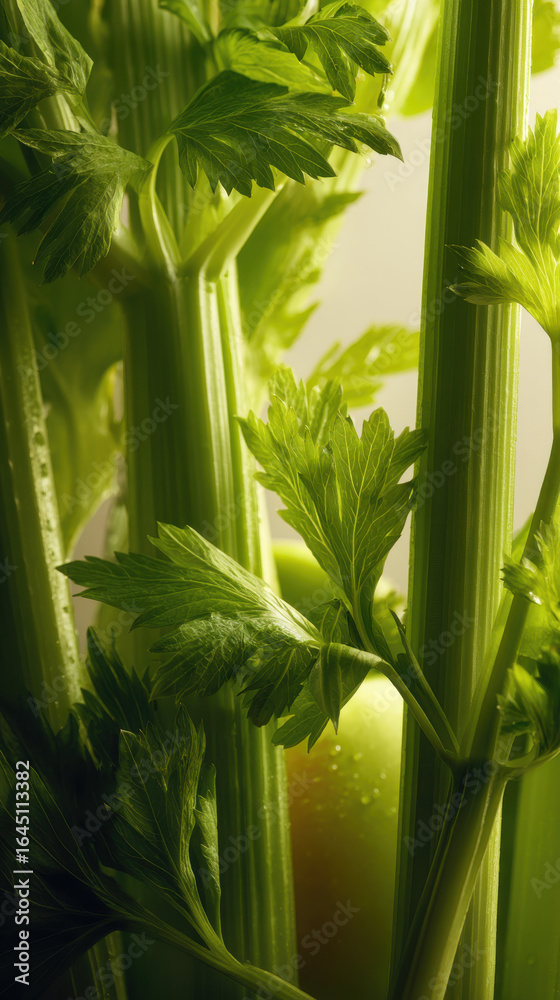 Fototapeta premium The vibrant green celery stalks and leaves offer a refreshing, healthy ingredient for your dishes.