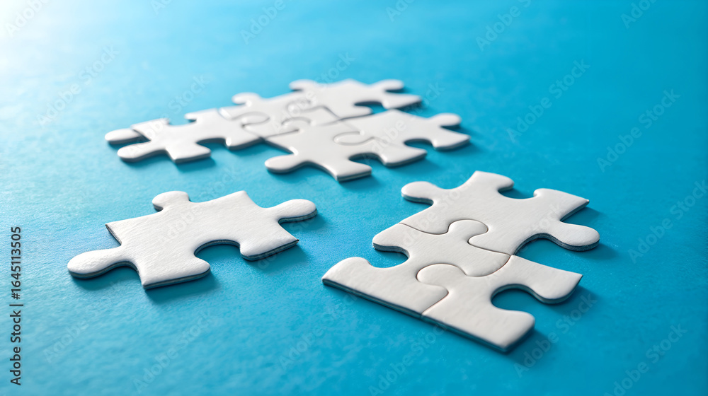 Obraz premium White puzzle pieces scattered on a bright blue surface