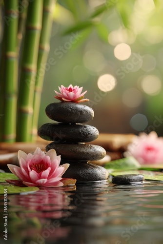 zen stones on a background of water and bamboo and lotus flowers. Generative AI,