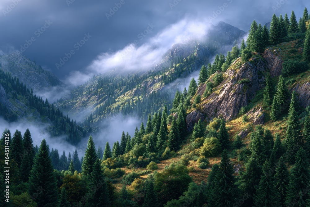Fototapeta premium Misty Mountain Forest Landscape - Serene Coniferous Trees and Rolling Hills Vista